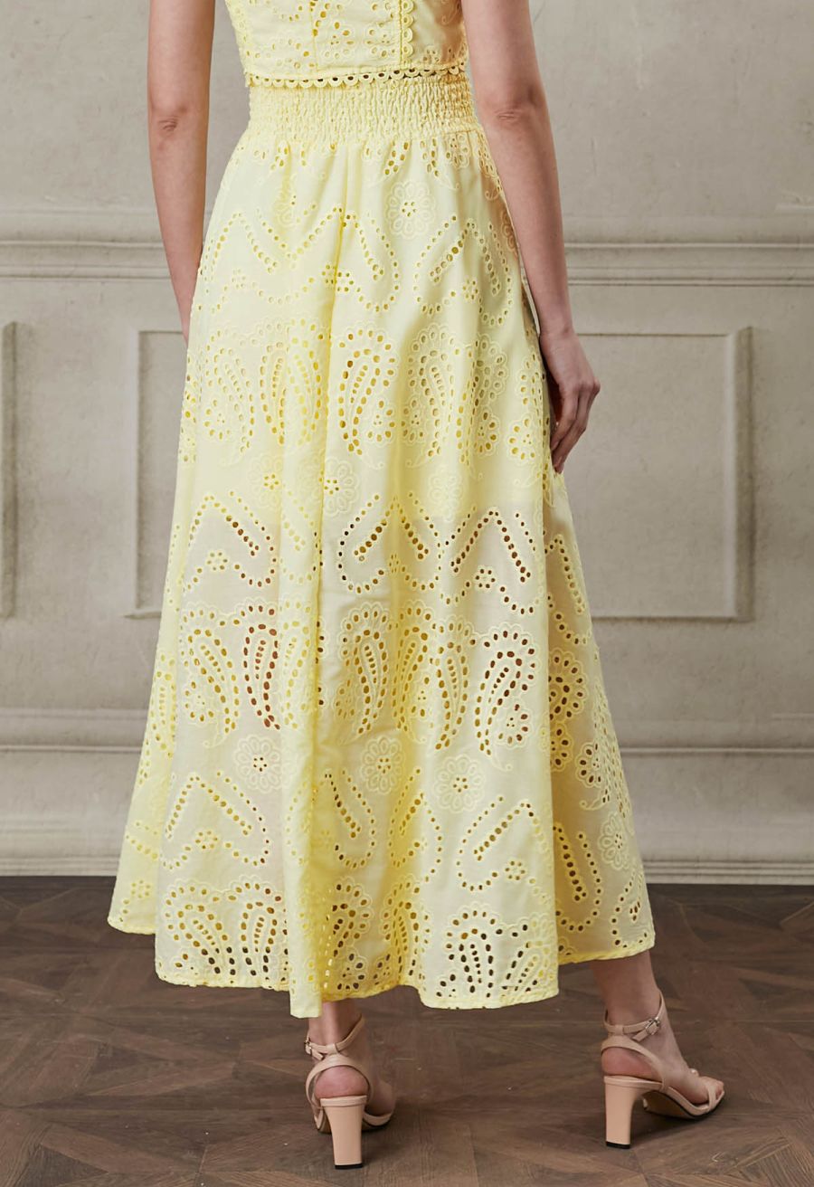 Paisley Eyelet Embroidery High-Waist Shirred Back Maxi Skirt in Yellow