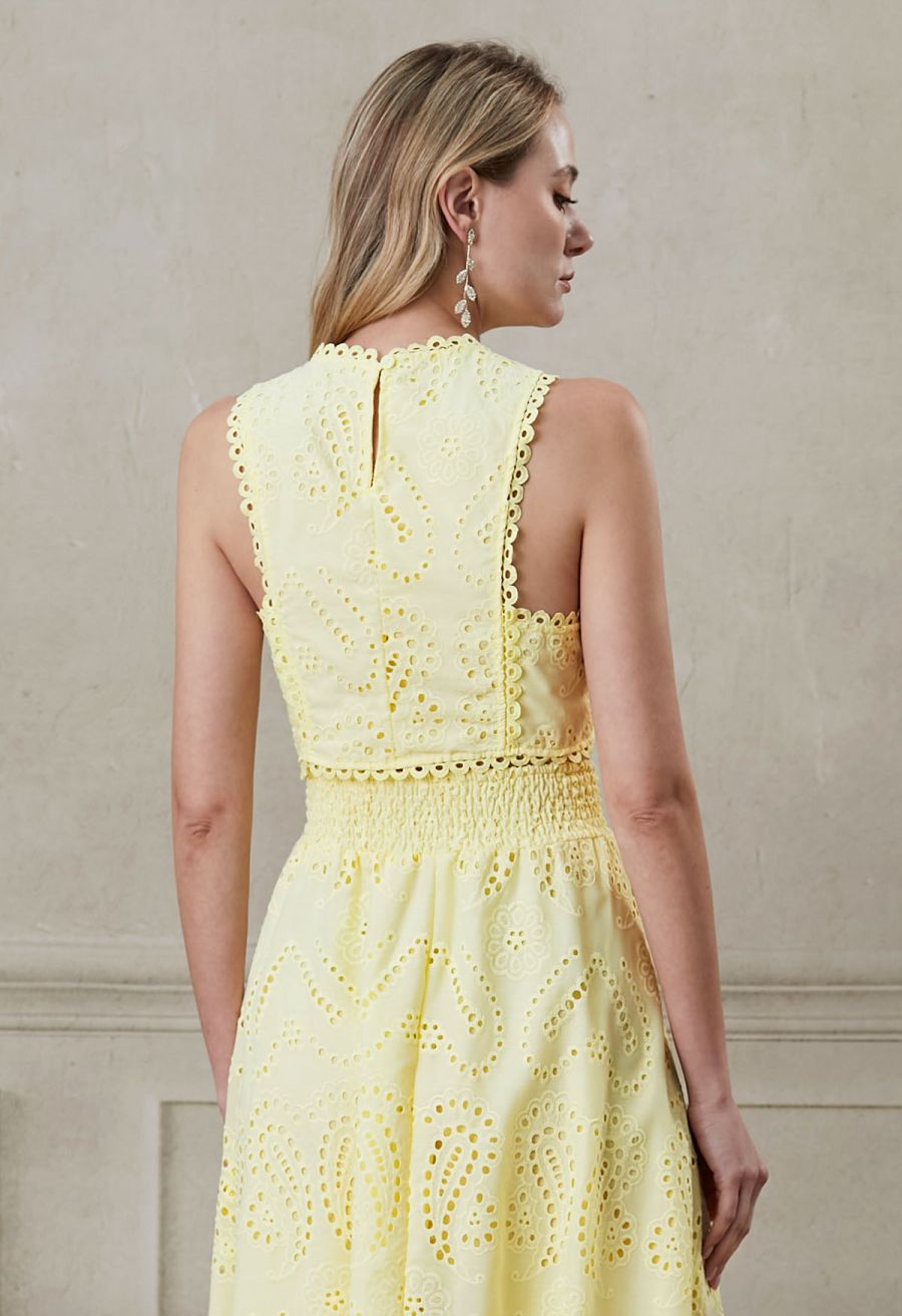 Paisley Eyelet Embroidery Sleeveless Crop Top in Yellow