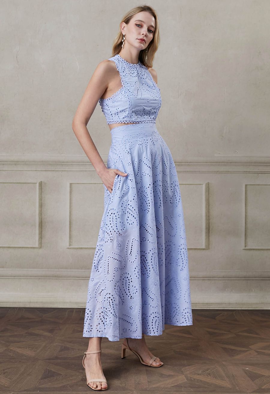 Paisley Eyelet Embroidery High-Waist Shirred Back Maxi Skirt in Lavender