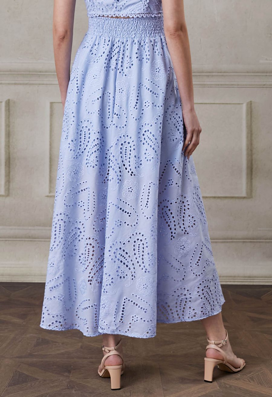 Paisley Eyelet Embroidery High-Waist Shirred Back Maxi Skirt in Lavender