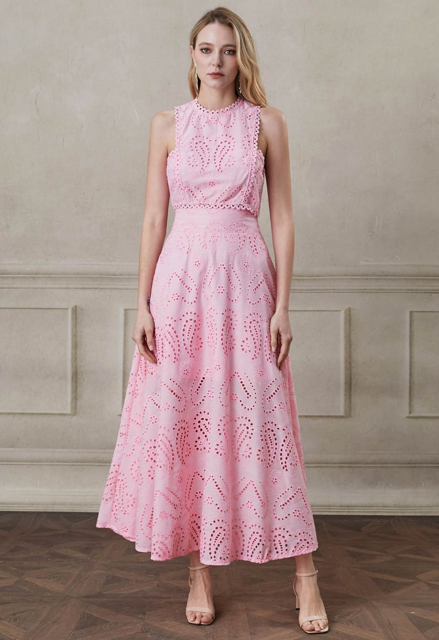 Paisley Eyelet Embroidery High-Waist Shirred Back Maxi Skirt in Pink