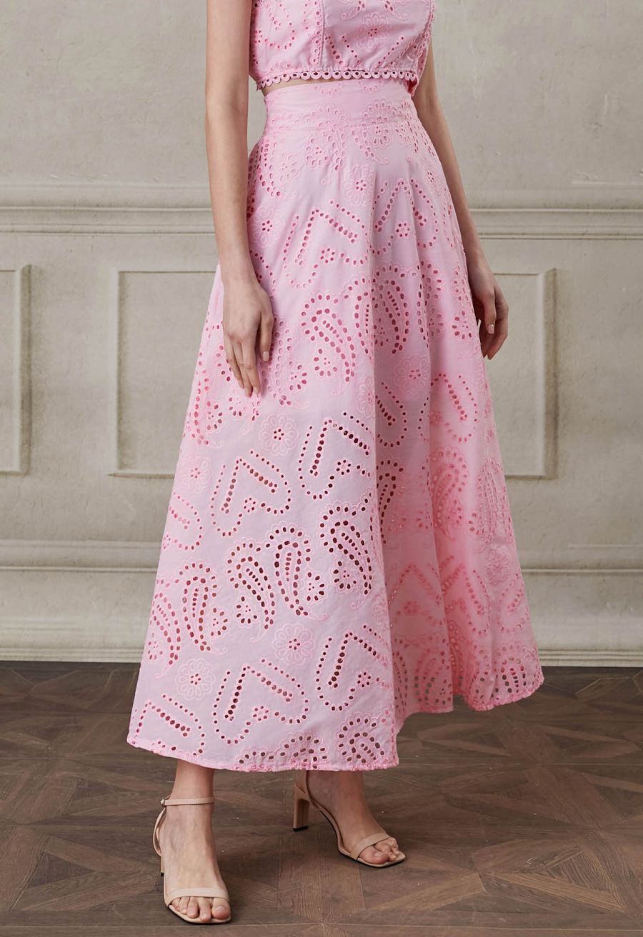 Paisley Eyelet Embroidery High-Waist Shirred Back Maxi Skirt in Pink