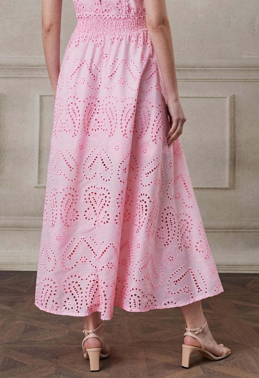 Paisley Eyelet Embroidery High-Waist Shirred Back Maxi Skirt in Pink