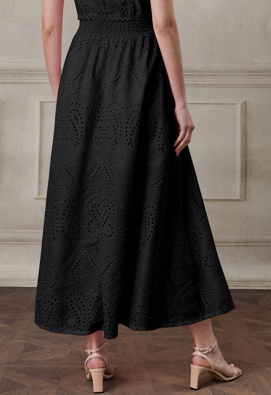 Paisley Eyelet Embroidery High-Waist Shirred Back Maxi Skirt in Black