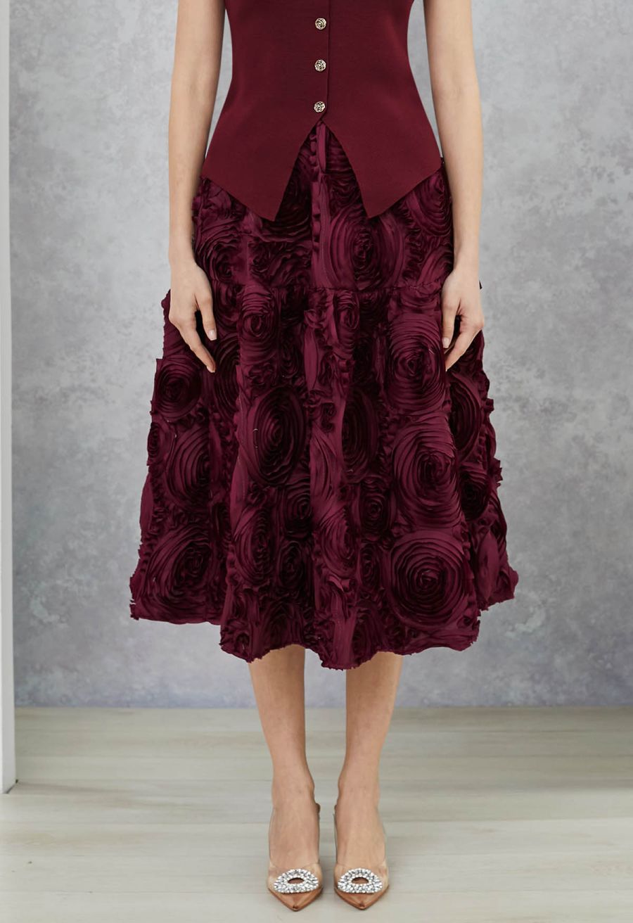 Gorgeous 3D Rose Petal A-Line Midi Skirt in Burgundy