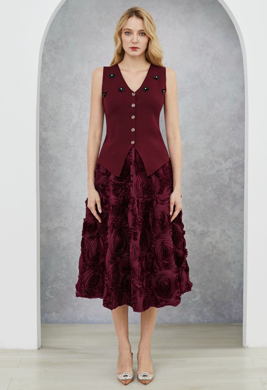 Sequined Floral V-Neck Buttoned Knit Vest in Burgundy