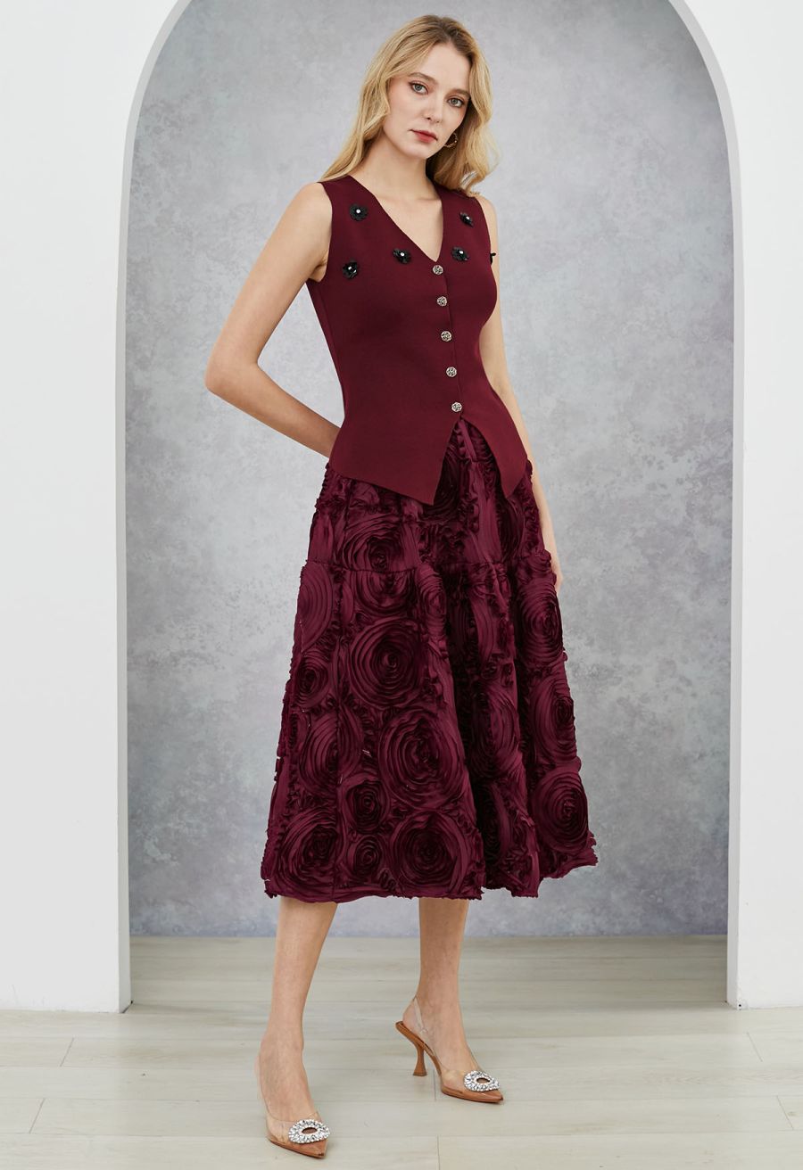 Gorgeous 3D Rose Petal A-Line Midi Skirt in Burgundy