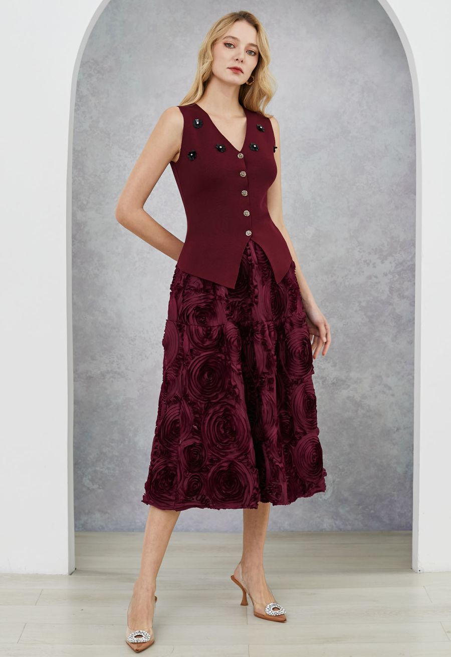 Gorgeous 3D Rose Petal A-Line Midi Skirt in Burgundy