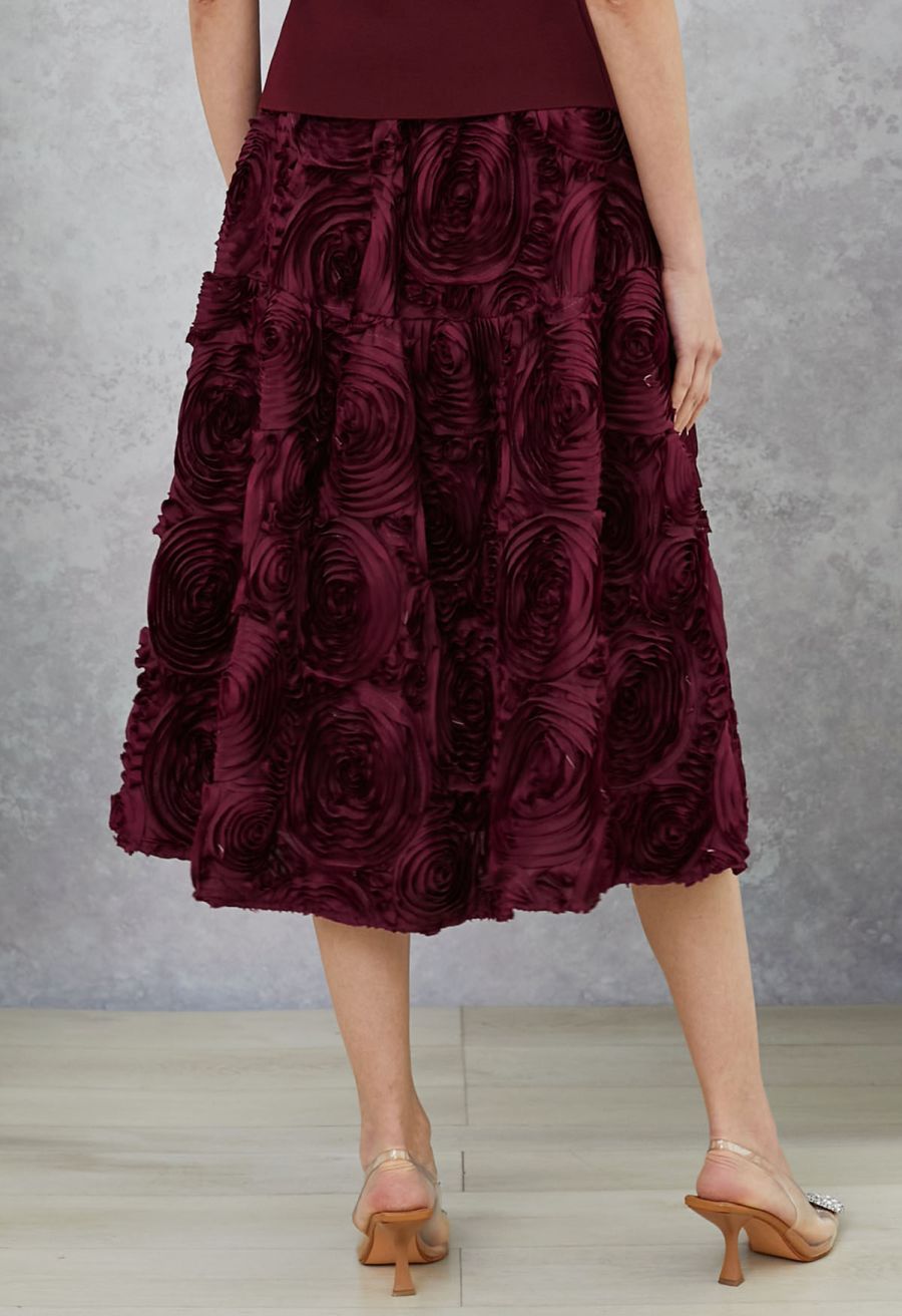 Gorgeous 3D Rose Petal A-Line Midi Skirt in Burgundy