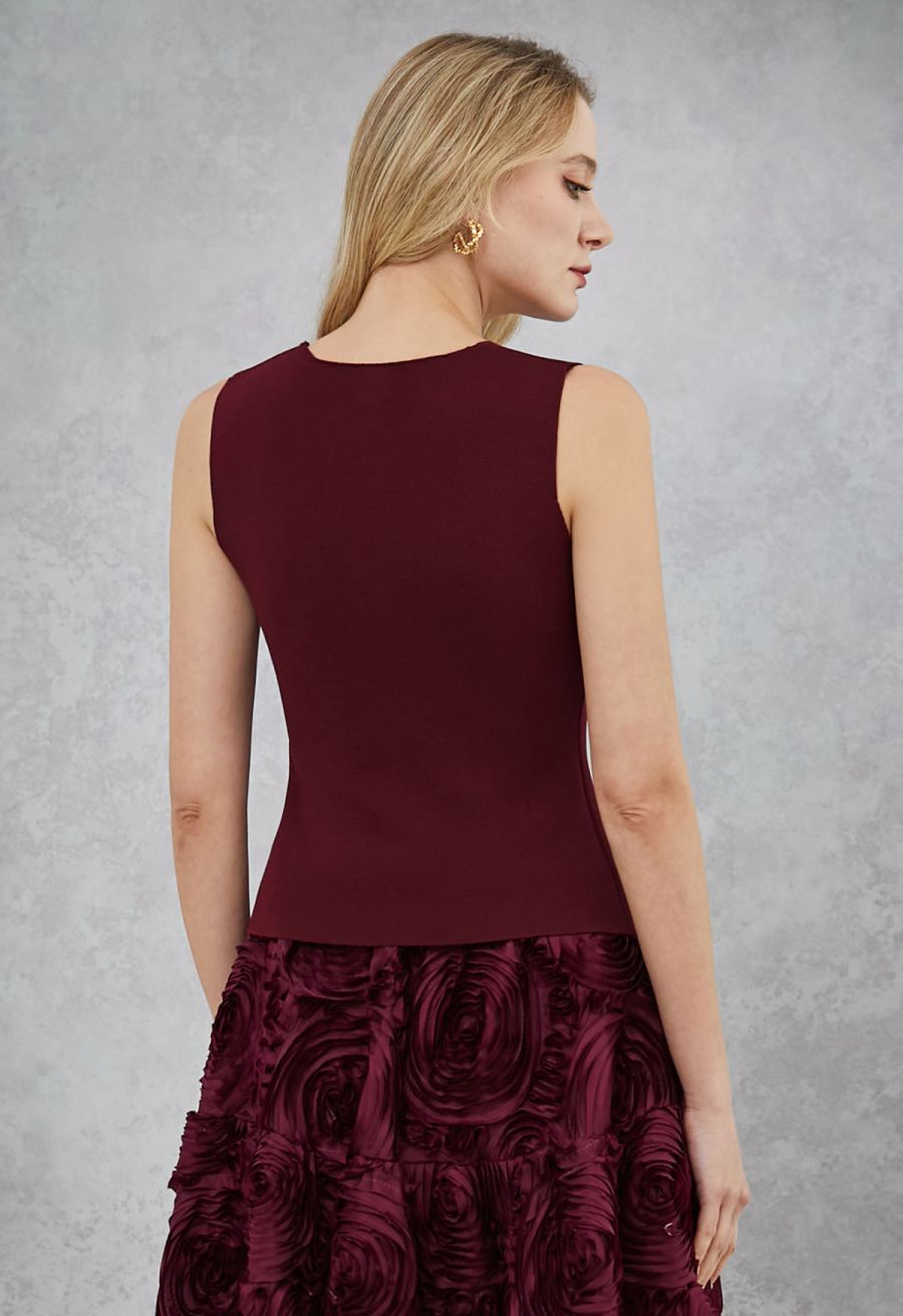 Sequined Floral V-Neck Buttoned Knit Vest in Burgundy