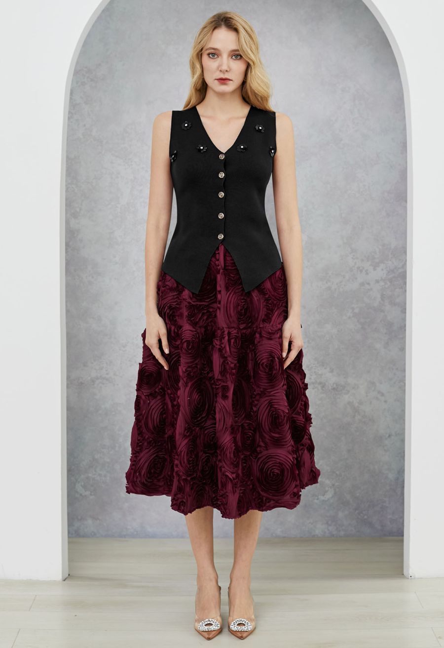 Sequined Floral V-Neck Buttoned Knit Vest in Black