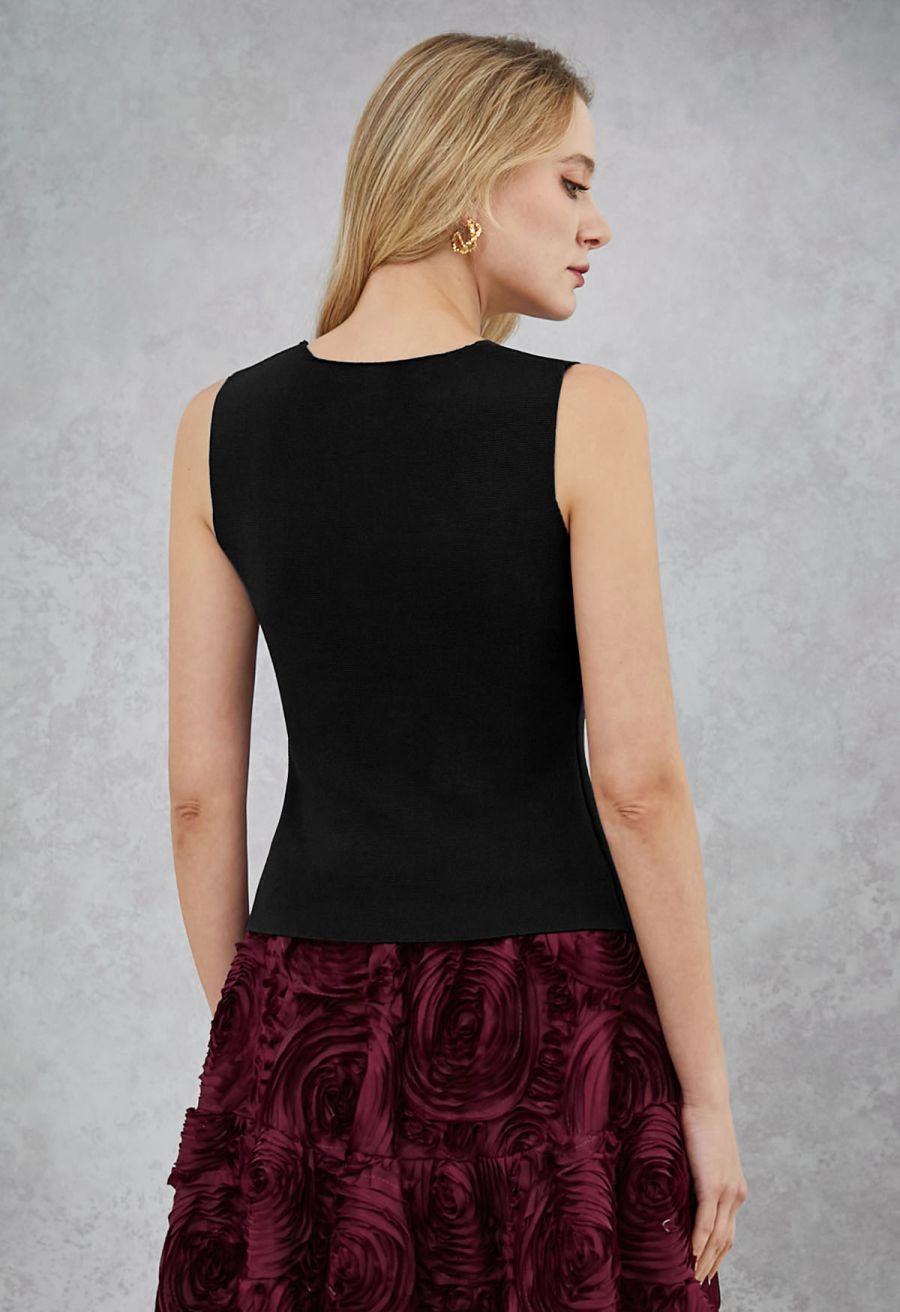 Sequined Floral V-Neck Buttoned Knit Vest in Black