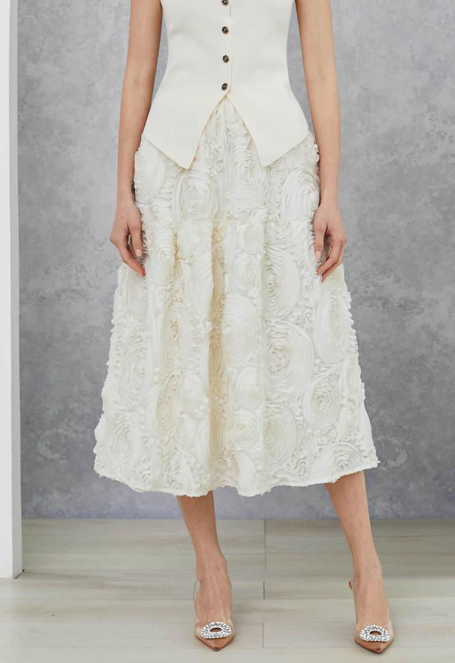 Gorgeous 3D Rose Petal A-Line Midi Skirt in Cream