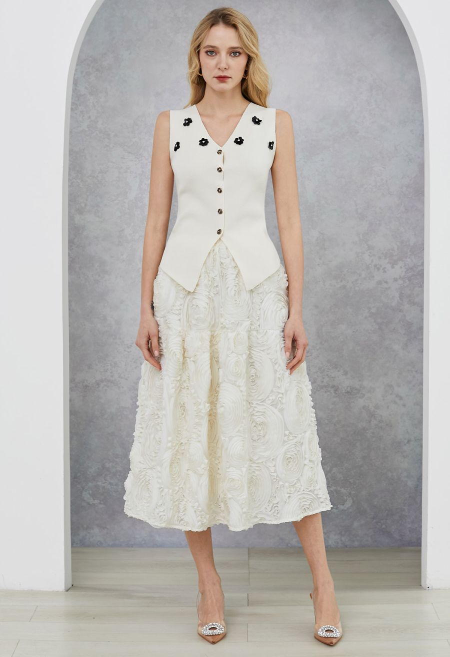 Sequined Floral V-Neck Buttoned Knit Vest in Cream