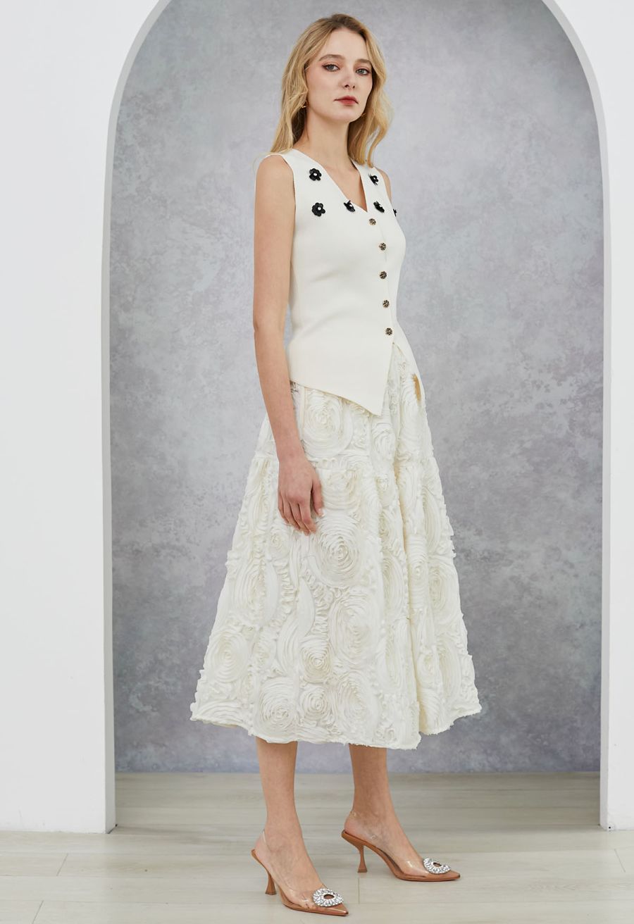 Gorgeous 3D Rose Petal A-Line Midi Skirt in Cream
