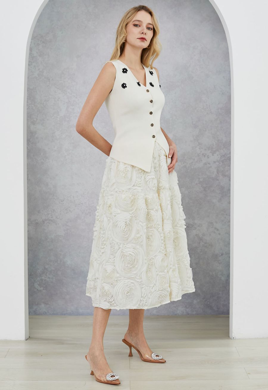 Gorgeous 3D Rose Petal A-Line Midi Skirt in Cream