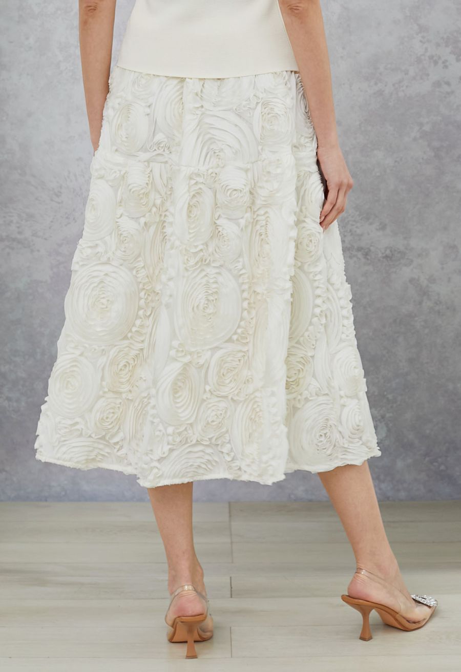 Gorgeous 3D Rose Petal A-Line Midi Skirt in Cream
