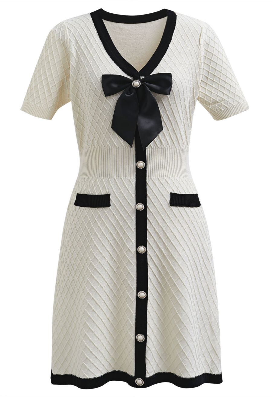 Contrast Bowknot Pearl Button Grid Knit Mini Dress