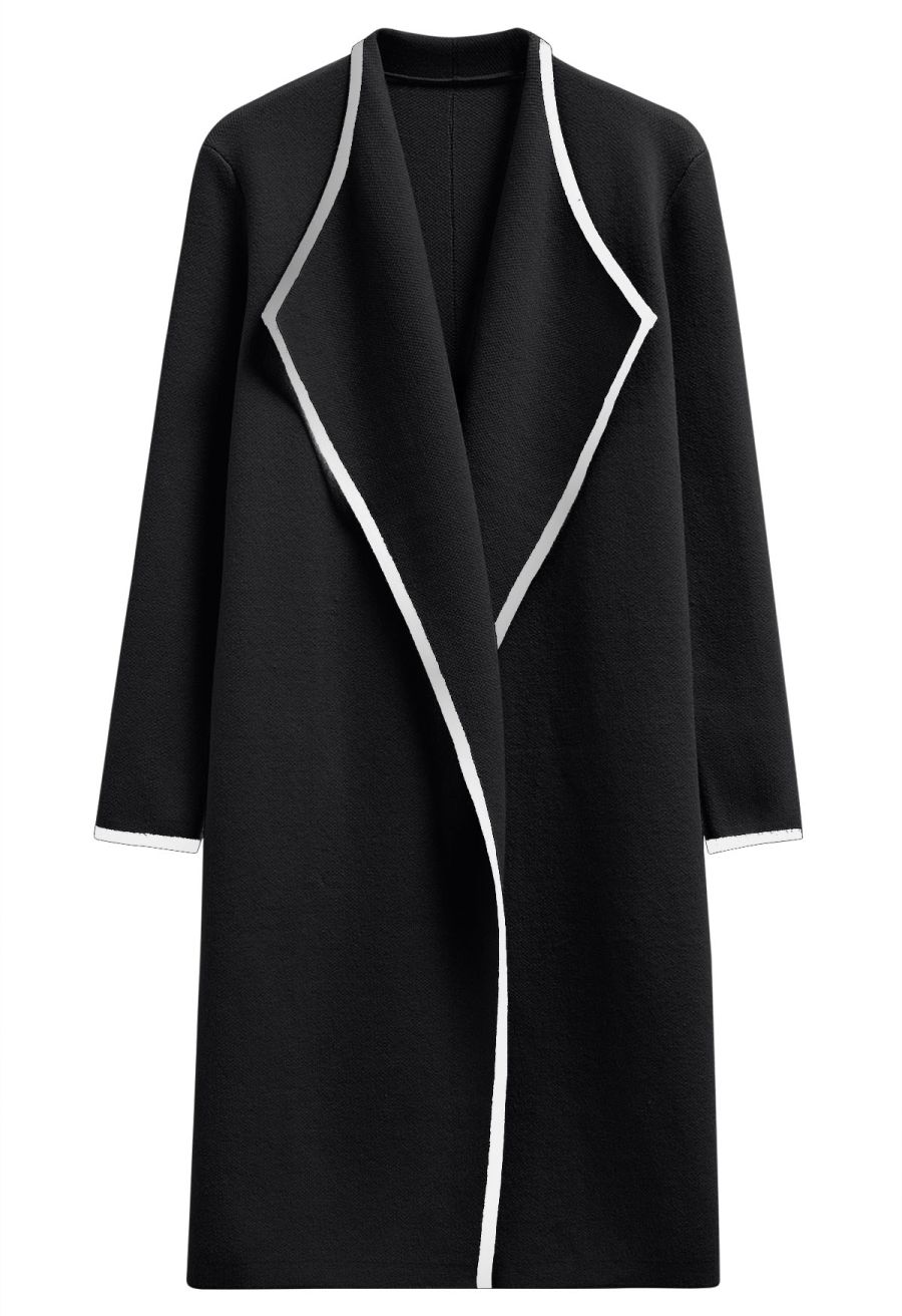 Contrast Edge Open Front Knit Coat in Black