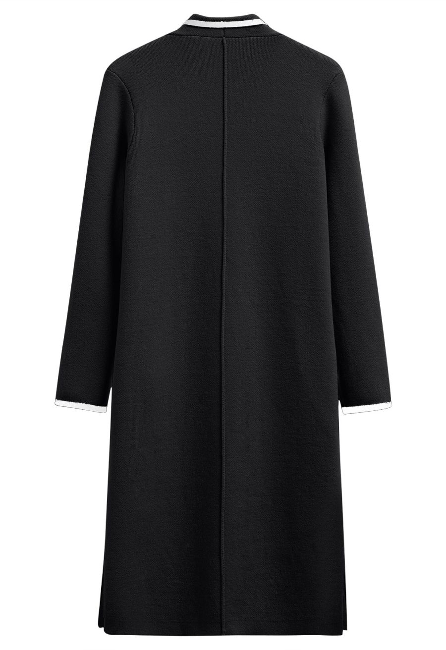 Contrast Edge Open Front Knit Coat in Black