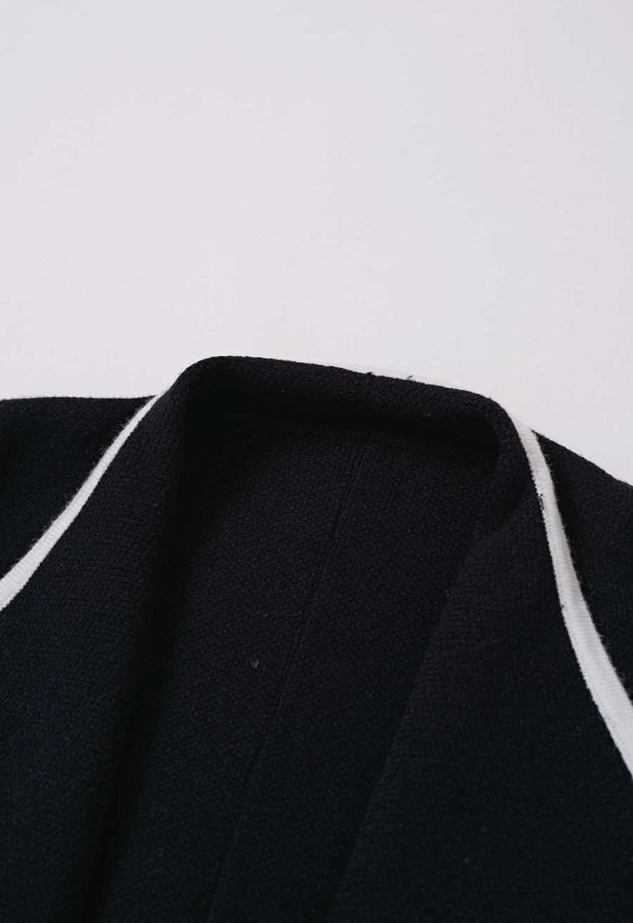 Contrast Edge Open Front Knit Coat in Black