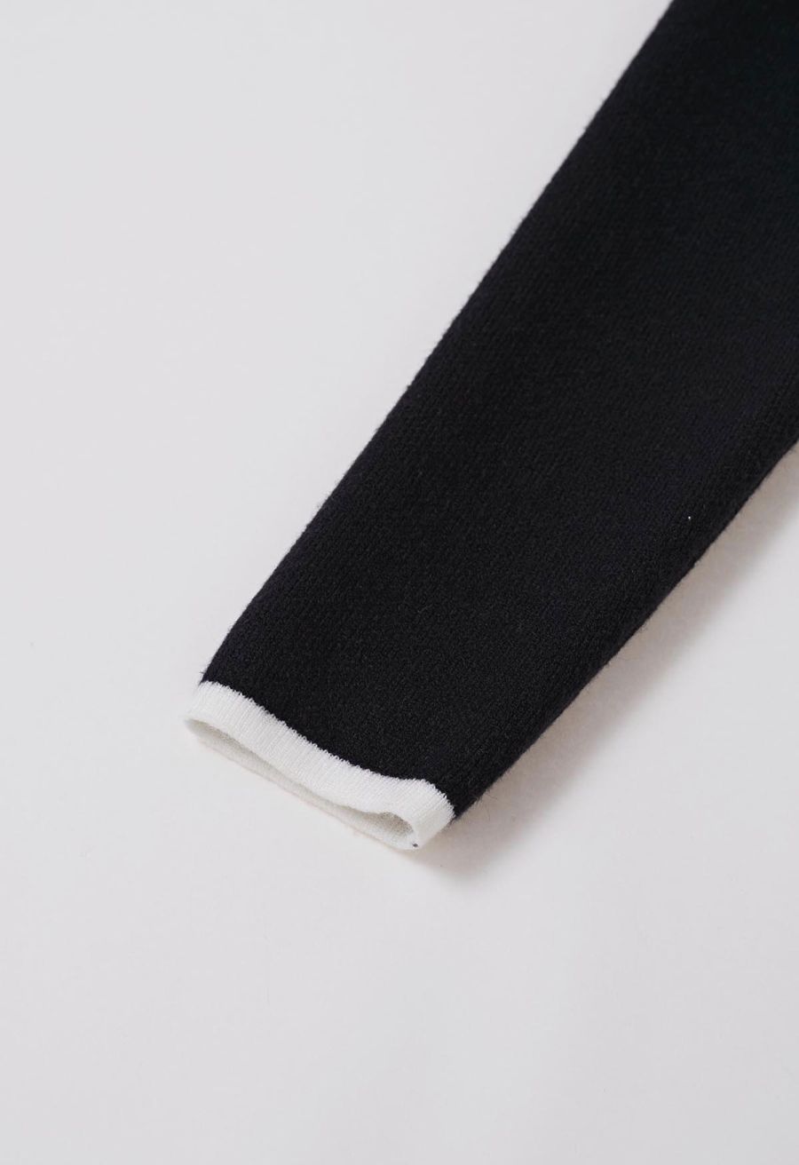 Contrast Edge Open Front Knit Coat in Black