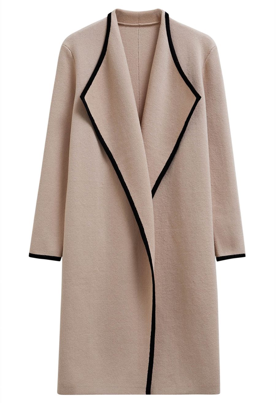 Contrast Edge Open Front Knit Coat in Camel