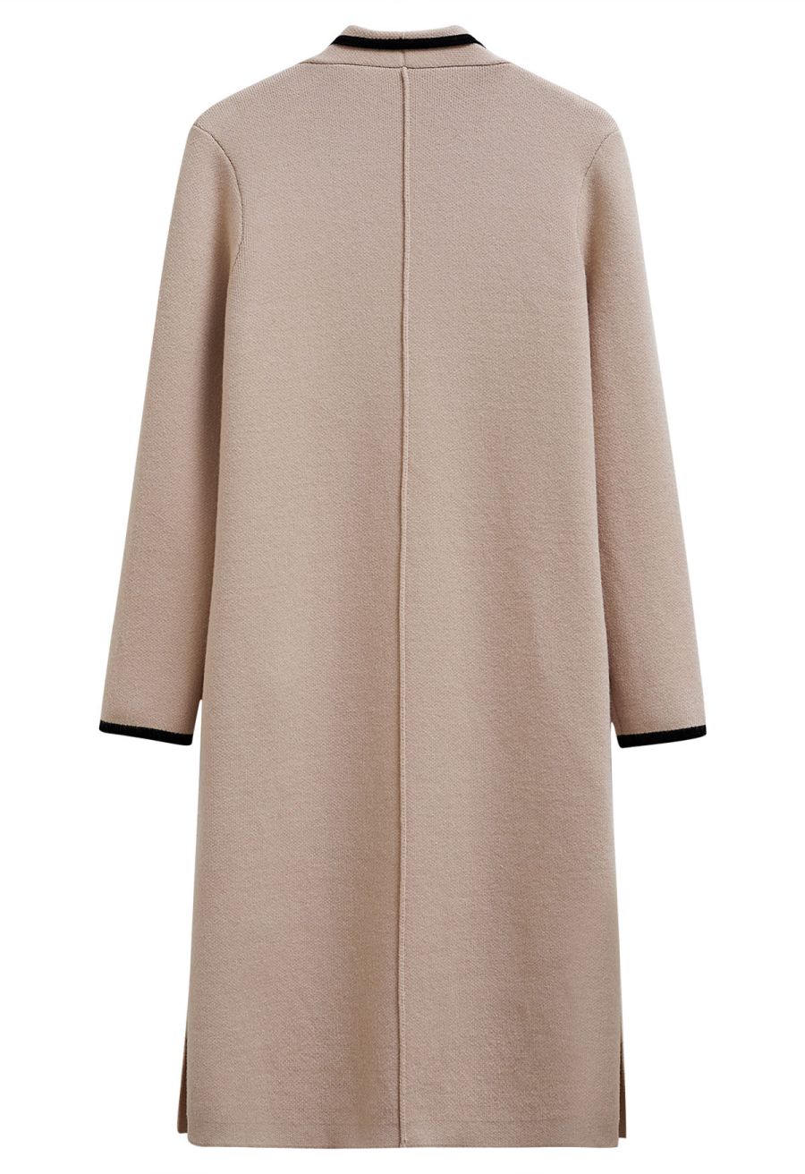Contrast Edge Open Front Knit Coat in Camel