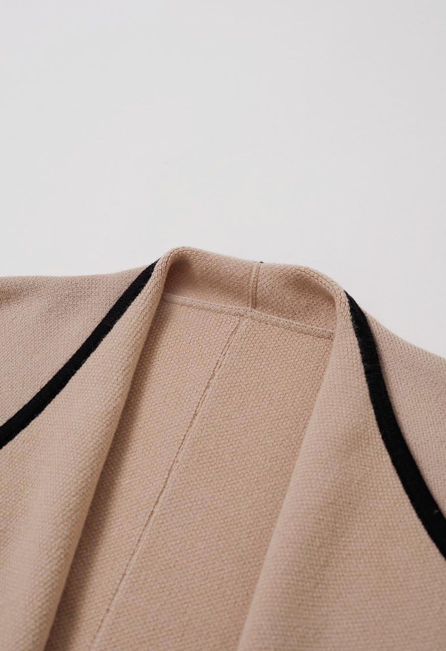 Contrast Edge Open Front Knit Coat in Camel