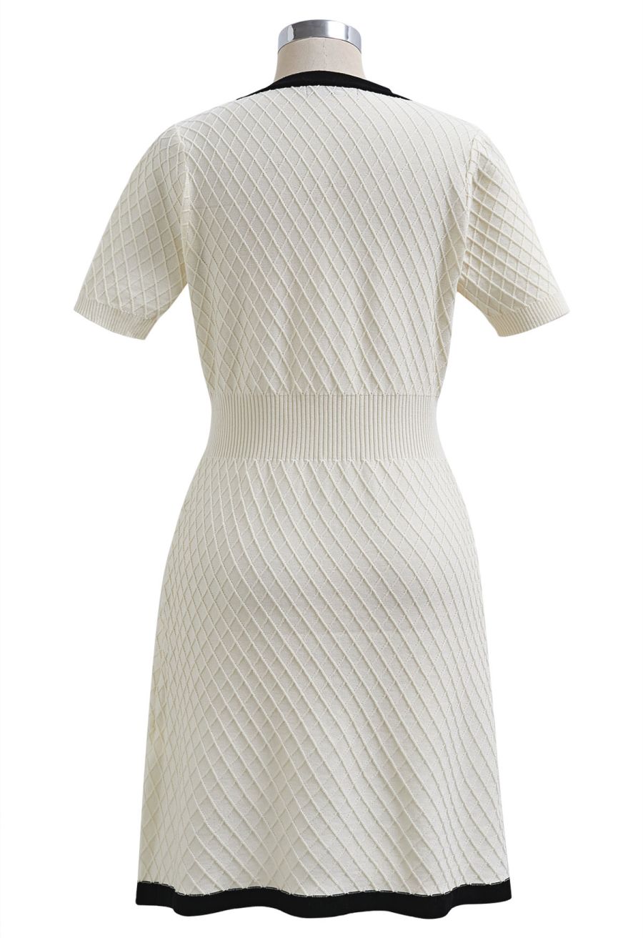 Contrast Bowknot Pearl Button Grid Knit Mini Dress