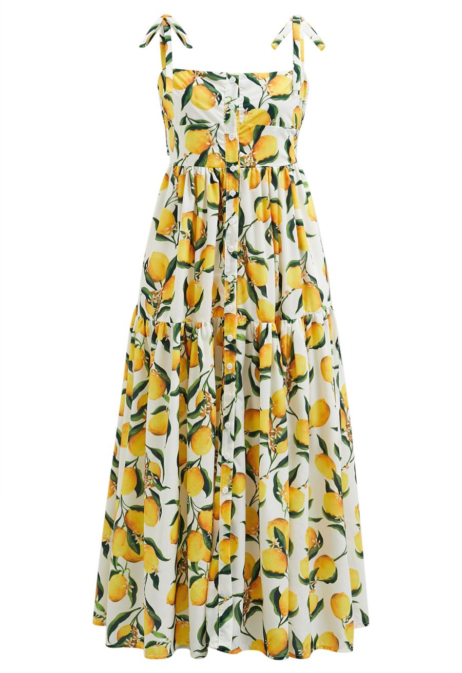 Vibrant Lemon Print Tie-Shoulder Buttoned Midi Dress