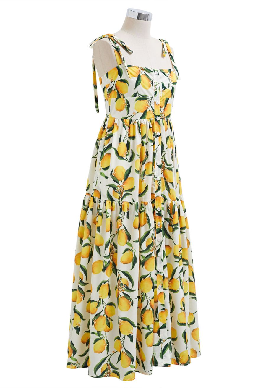 Vibrant Lemon Print Tie-Shoulder Buttoned Midi Dress