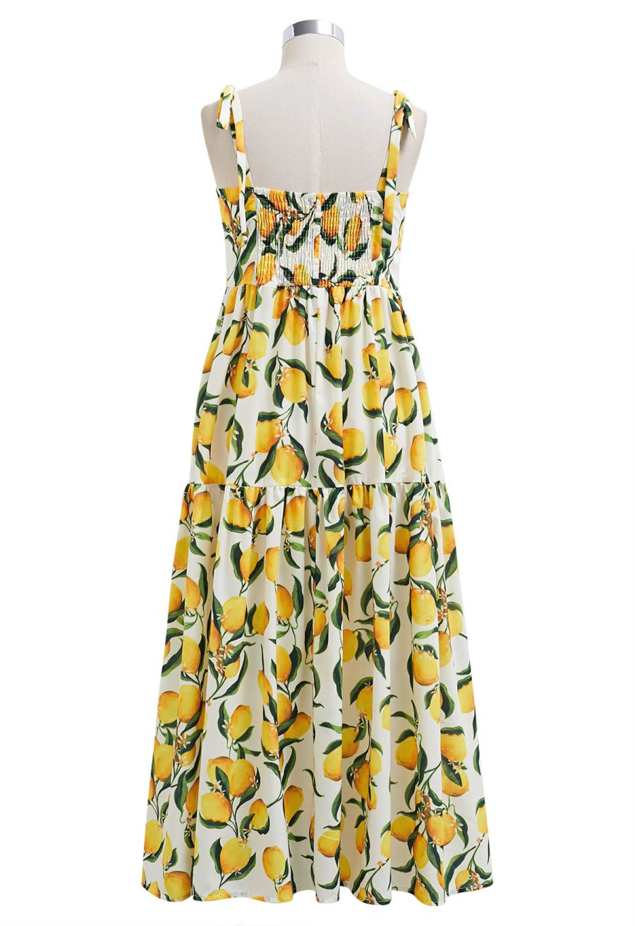 Vibrant Lemon Print Tie-Shoulder Buttoned Midi Dress