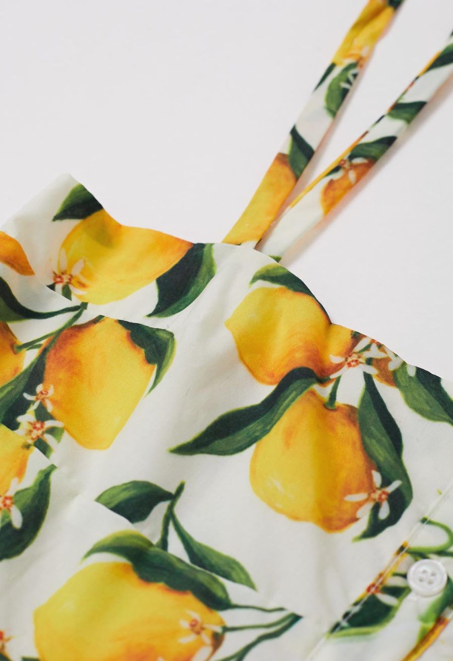 Vibrant Lemon Print Tie-Shoulder Buttoned Midi Dress