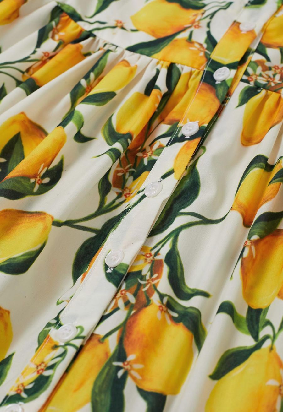 Vibrant Lemon Print Tie-Shoulder Buttoned Midi Dress