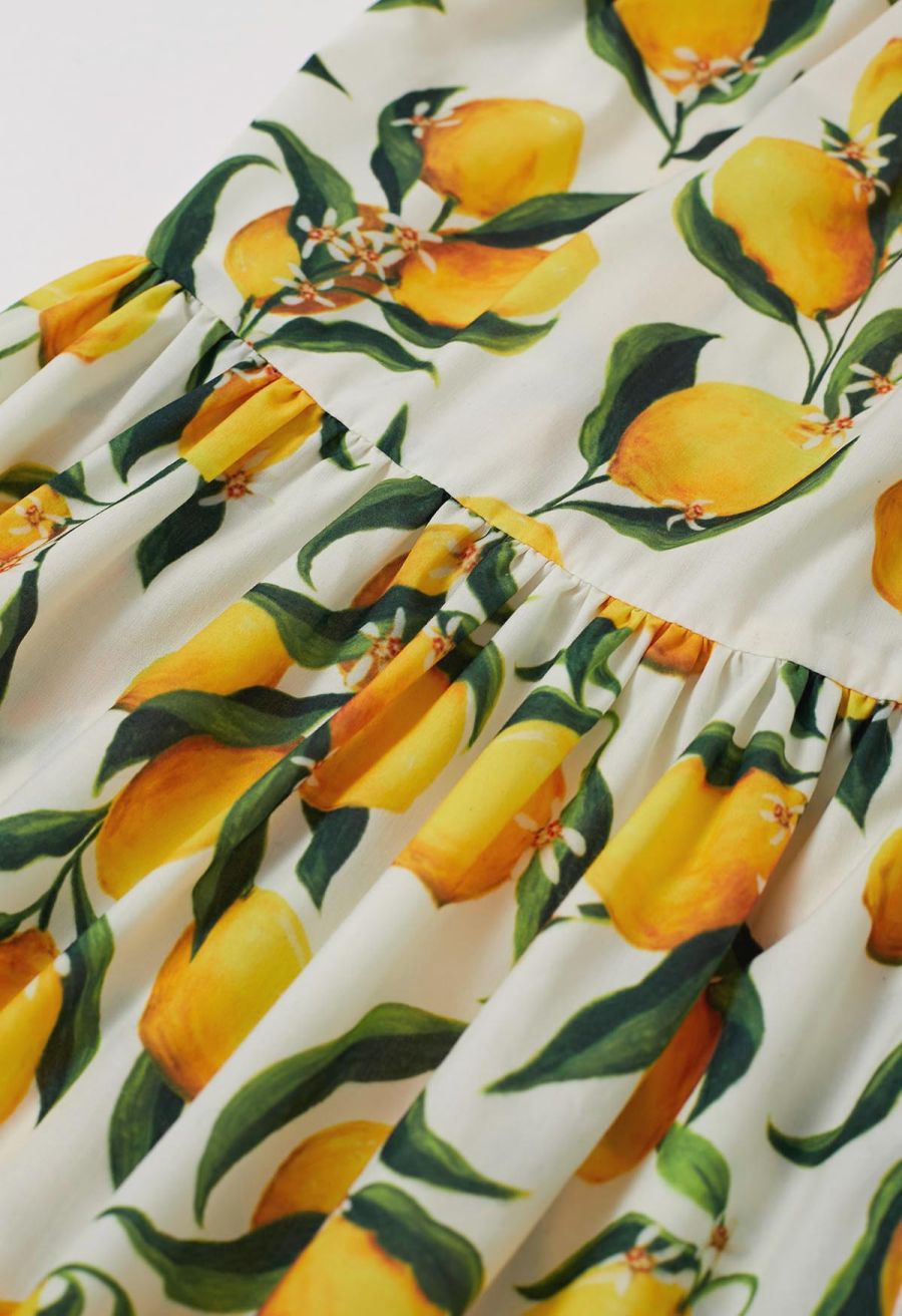Vibrant Lemon Print Tie-Shoulder Buttoned Midi Dress