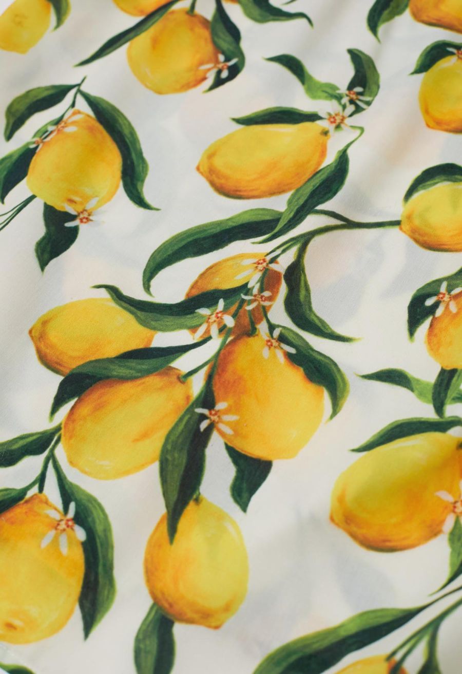 Vibrant Lemon Print Tie-Shoulder Buttoned Midi Dress