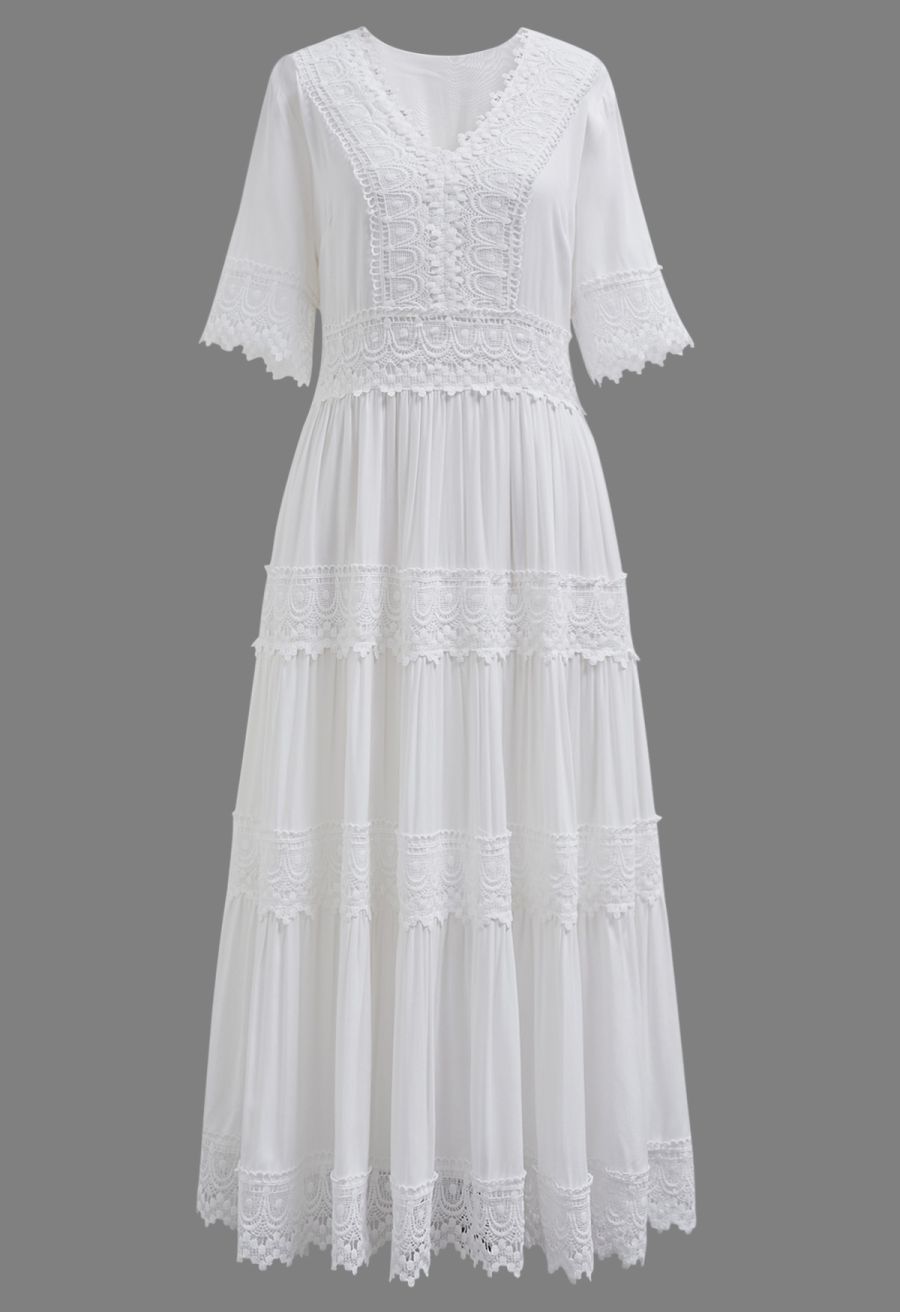 V-Neck Lace Panelled Scalloped Edge Maxi Dress