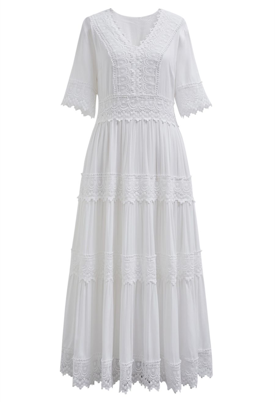 V-Neck Lace Panelled Scalloped Edge Maxi Dress