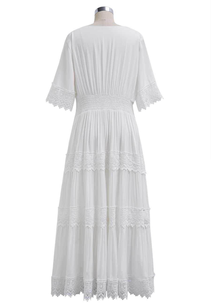 V-Neck Lace Panelled Scalloped Edge Maxi Dress