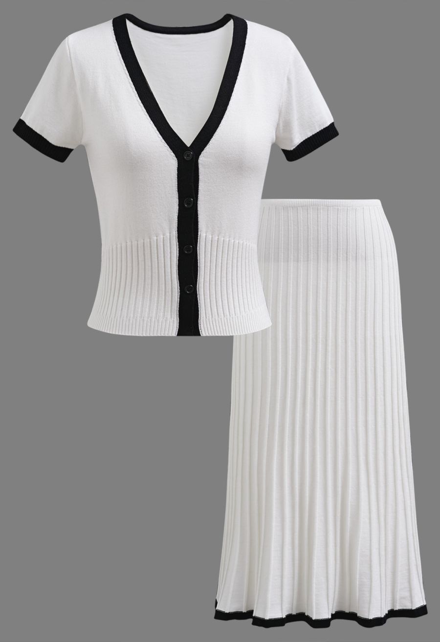 Contrast Edge Deep V-Neck Crop Knit Top and Skirt Set