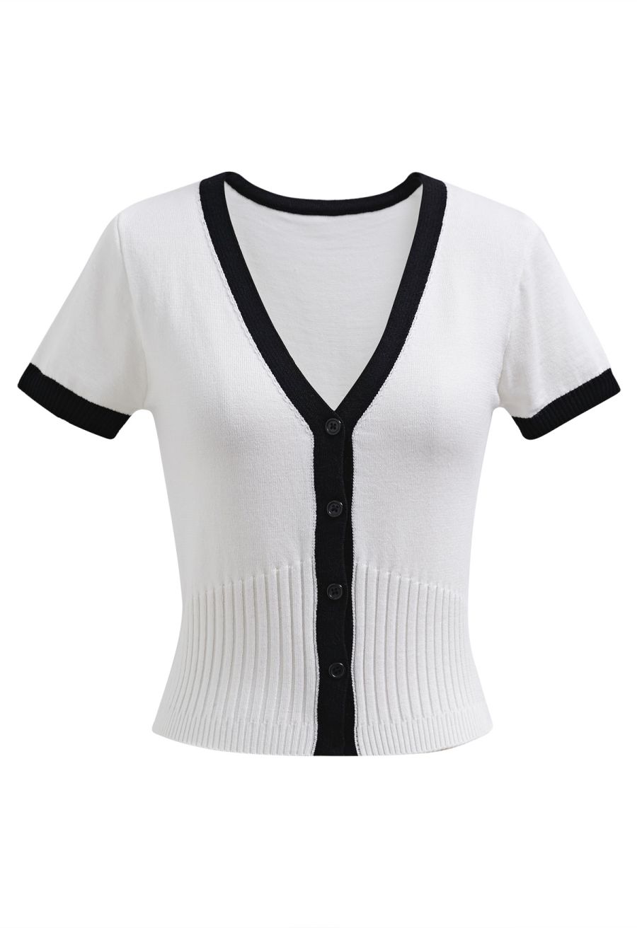 Contrast Edge Deep V-Neck Crop Knit Top and Skirt Set