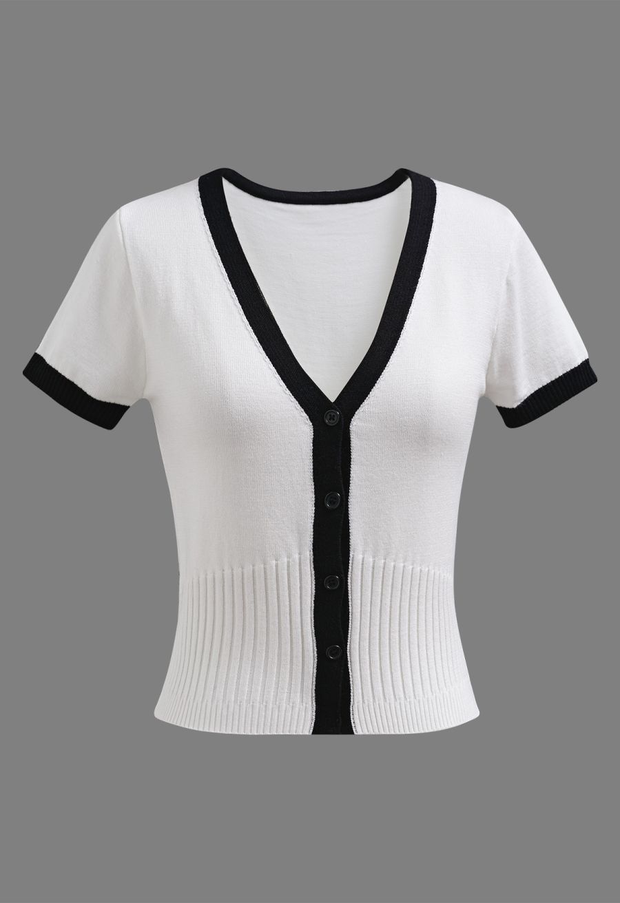 Contrast Edge Deep V-Neck Crop Knit Top and Skirt Set