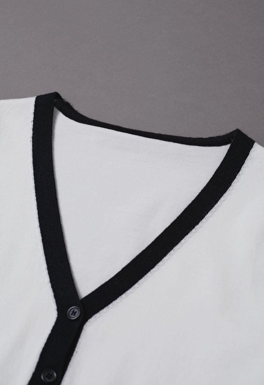 Contrast Edge Deep V-Neck Crop Knit Top and Skirt Set