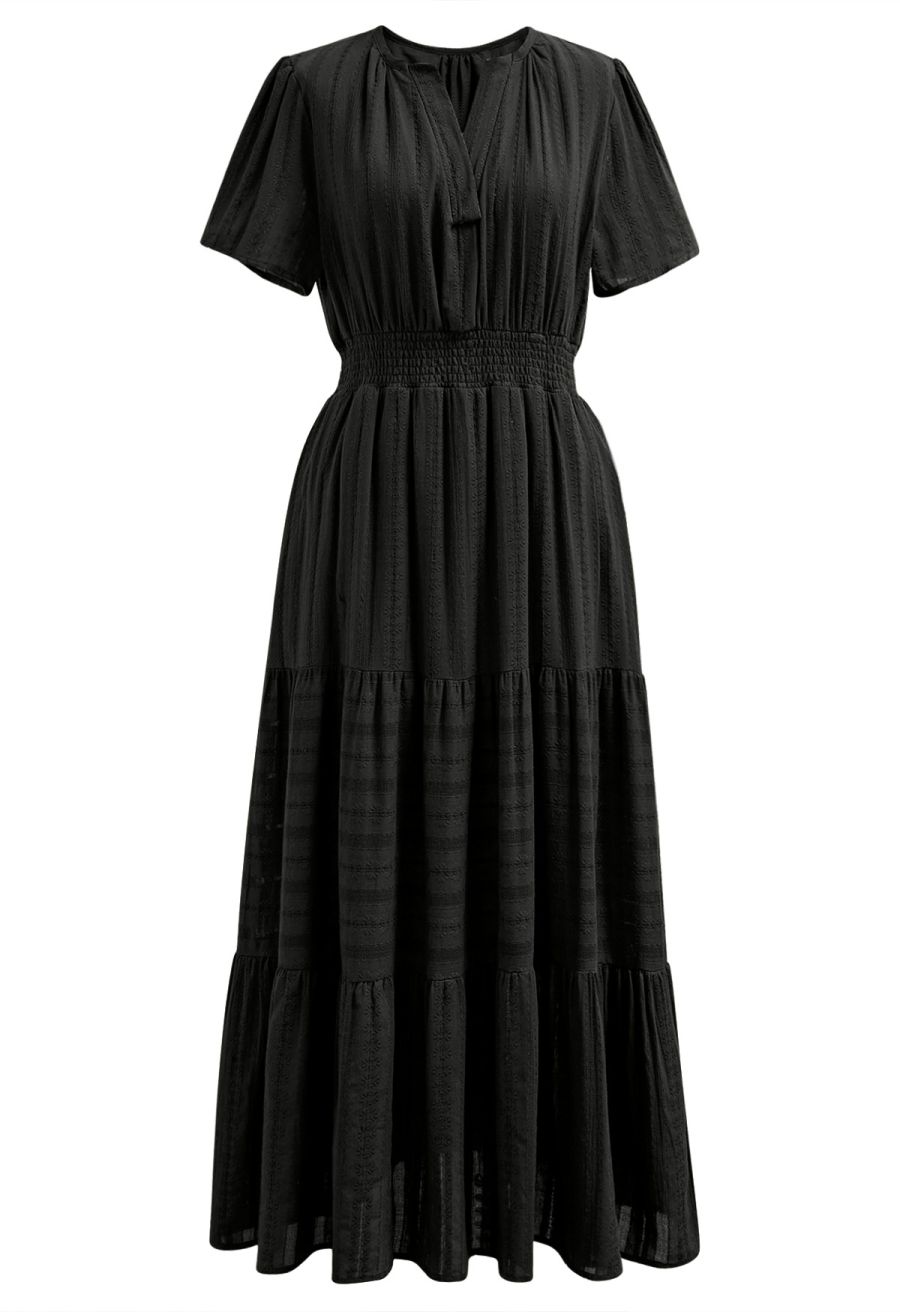 Notch Neckline Floret Eyelet Shirred Cotton Dress in Black
