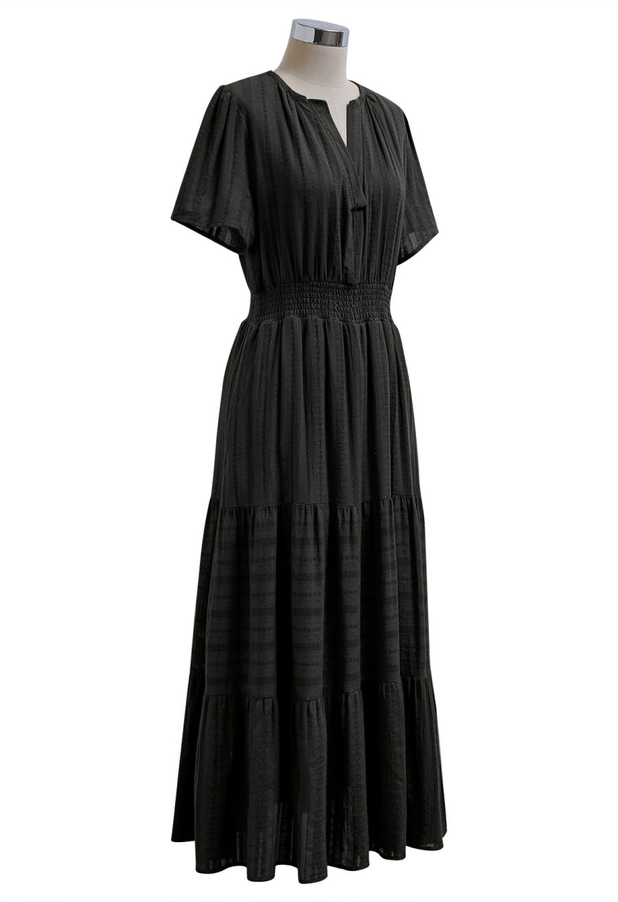 Notch Neckline Floret Eyelet Shirred Cotton Dress in Black