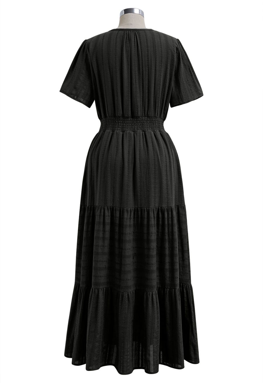 Notch Neckline Floret Eyelet Shirred Cotton Dress in Black