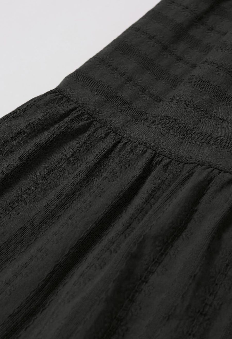 Notch Neckline Floret Eyelet Shirred Cotton Dress in Black