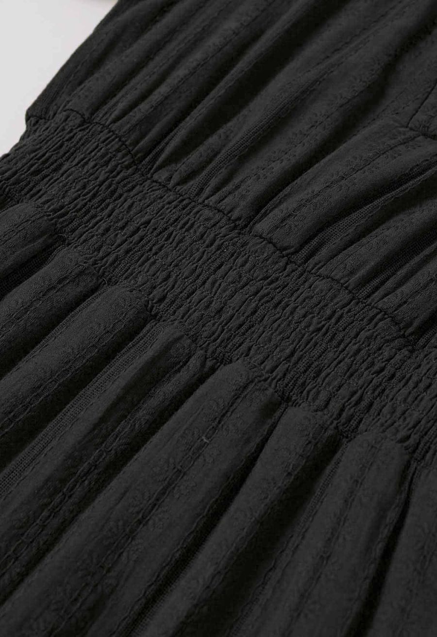 Notch Neckline Floret Eyelet Shirred Cotton Dress in Black