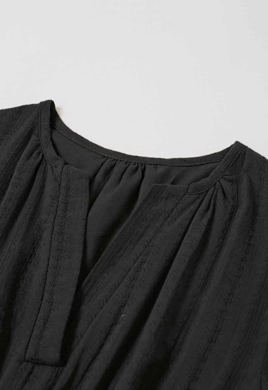 Notch Neckline Floret Eyelet Shirred Cotton Dress in Black